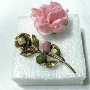 Vintage Pearl & Hardstone Scarab Gold Rose Brooch 2"
